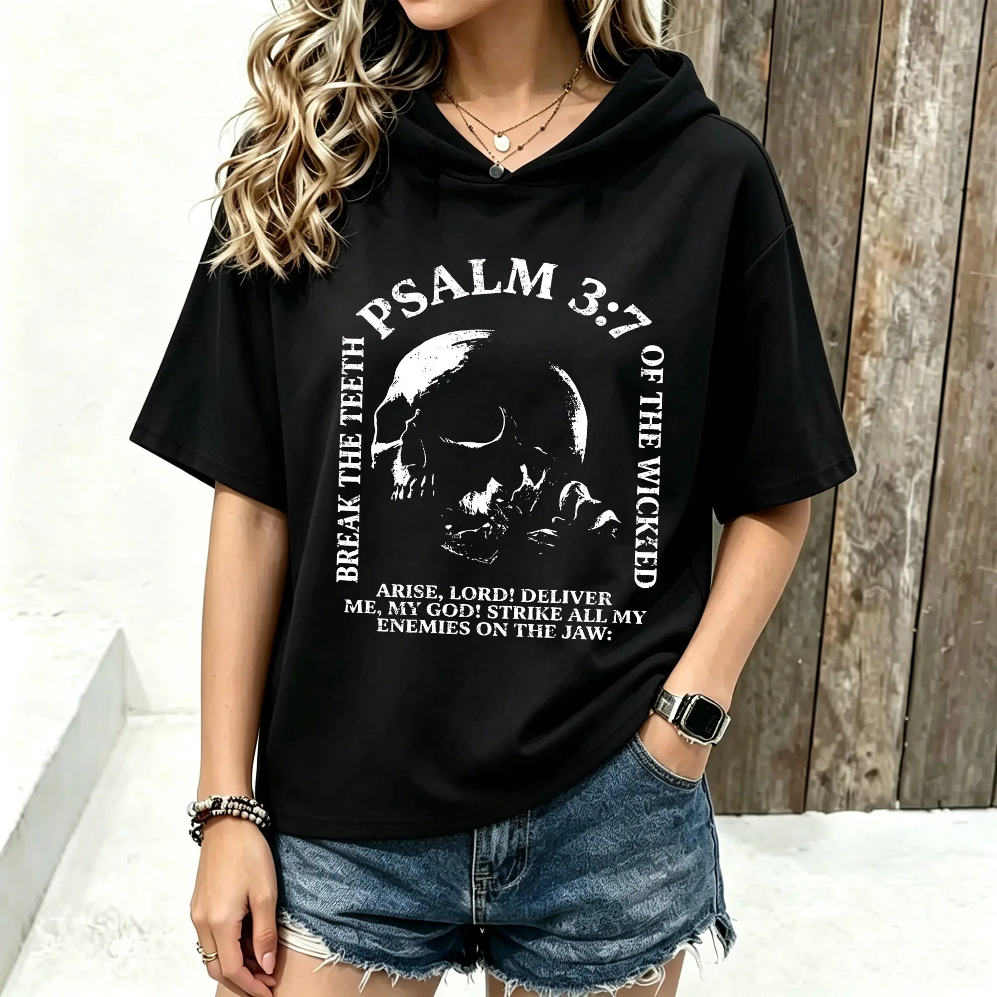 Women Short Sleeve Hoodie Retro Skull Bible Verse Slogan Print Spring Summer Casual Hooded Tee