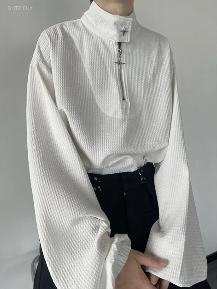 White Stand Collar Half Zipper Sweatshirts Spring Autumn New Knitted Pullover Long Sleeve Loose White T-shirt Top For Women