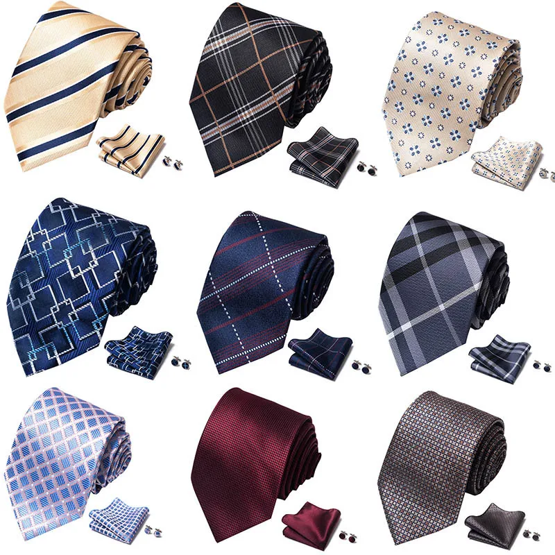 

HUISHI 8cm Tie For Men Fashion Checkered Printing Necktie Cufflinks Square Towel Set Bussiness Wedding Party Gift 2022