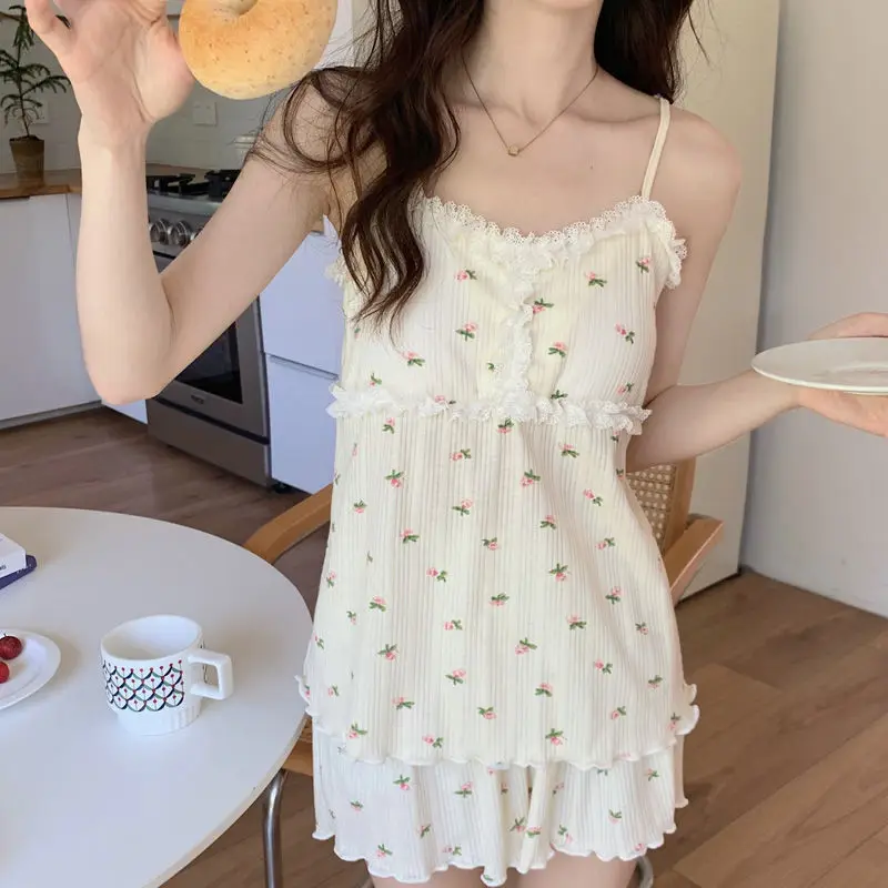Blumen Nachtwäsche Frauen Pyjama-Sets mit Pad Pijama Shorts Anzug Sommer koreanische Spaghetti Stap Nachtwäsche schlafen 2 Stück