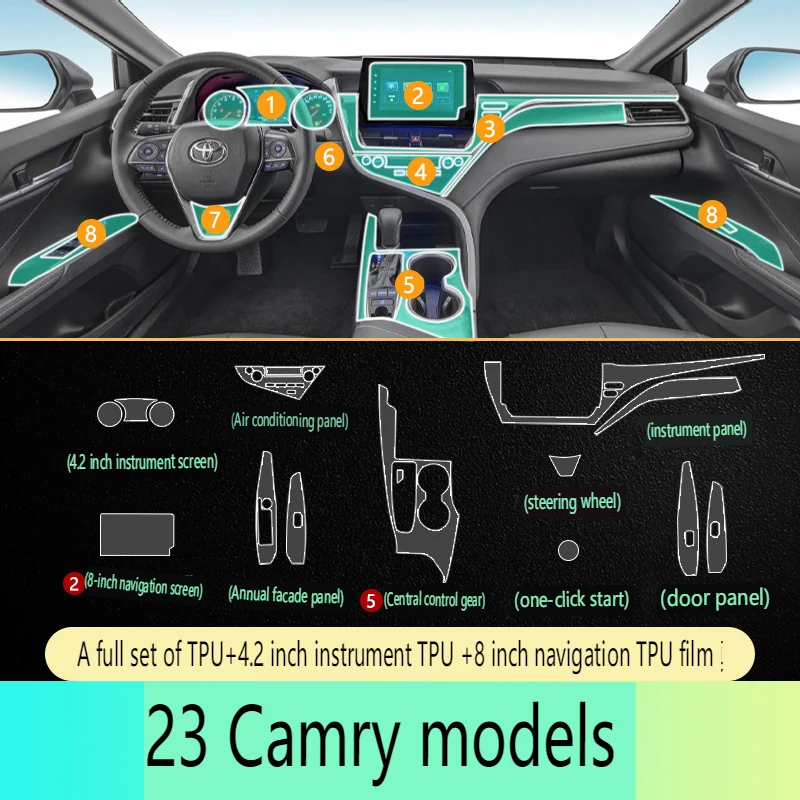 For Toyota Camry 2023 8 inch Screen TPU Transparent Protect Film Car Interior Sticker Gear Navigator Door Panel Car Accessories