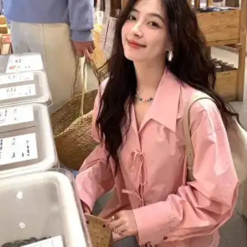 

Женская блузка в французском стиле с воротником-бантом, свободного кроя, повседневная, милая, весна-осень