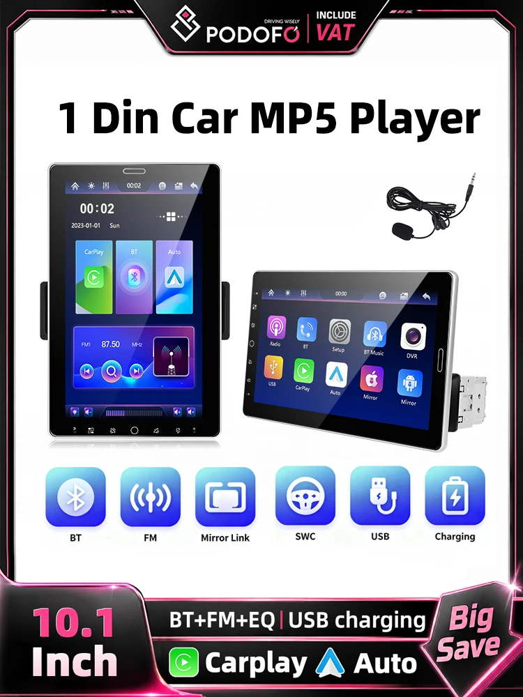 Podofo 10,1 Zoll 1Din Autoradio MP5-Player, kabelloses Carplay und Android Auto, HD 1280*720 Touchscreen, drehbarer Bildschirm, kabelgebundener Mirror-Link, FM/AM/RDS, AUX, EQ, USB,