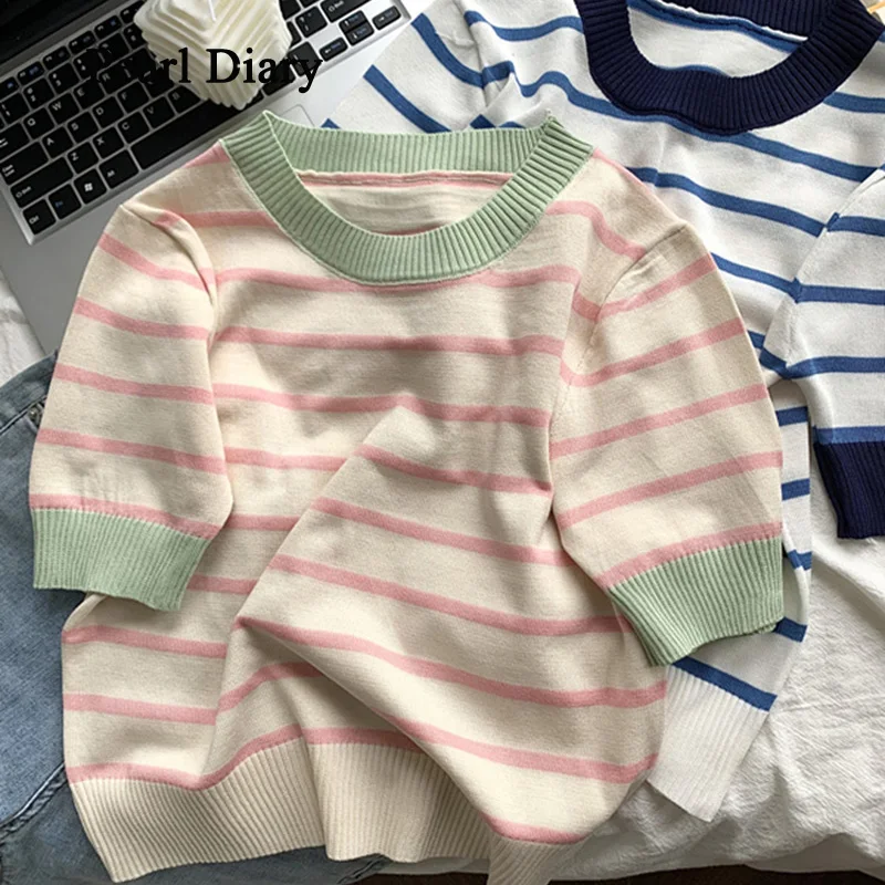 

Pearl Diary Summer Pink Striped Contrast Color T-Shirt Women Sense Of Design Loose All-Match Tops Chic Knitting Ins Top Women's