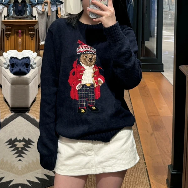 

Длинный вязаный свитер из чистого хлопка с вышивкой медведя, свободный крой, осень-зима, модный повседневный женский топ