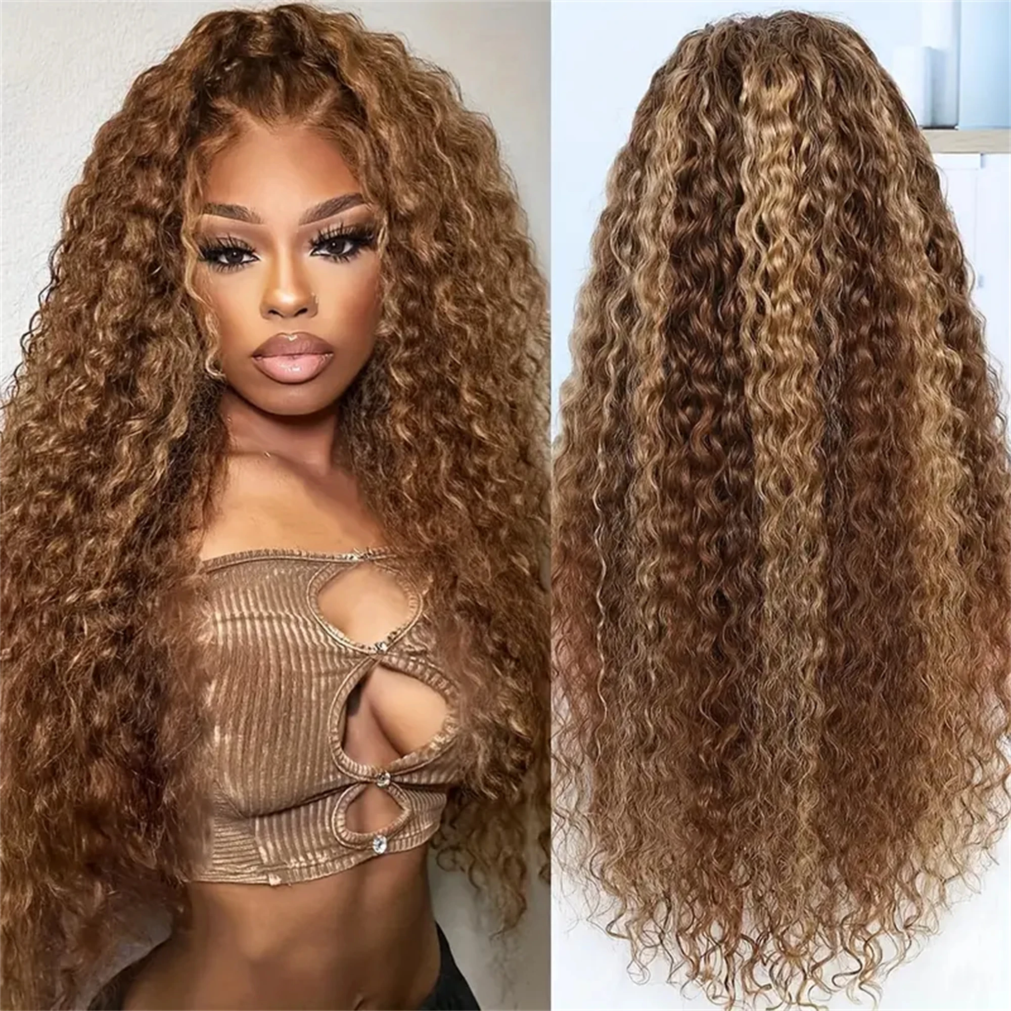 200 Density Highlight Ombre 4/27 Loose Water Wave Wig Human Hair 13x4 13x6 HD Transparent Lace Closure Curly Highlight Wigs