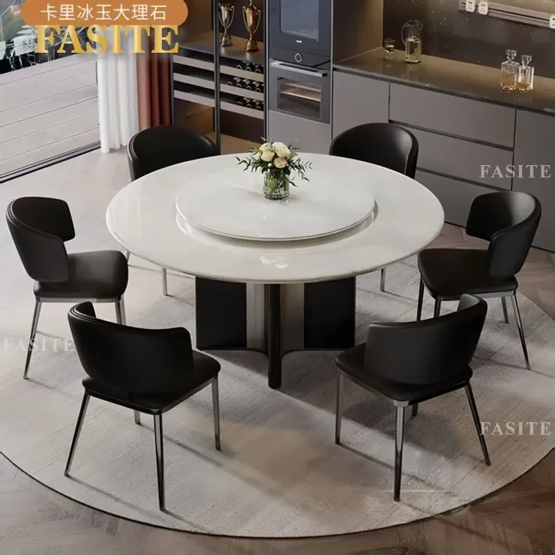 For Small Apartment Thick Marble Round Dining Table with Turntable Italian Light Luxury Modern Simple Household Furniture Set
