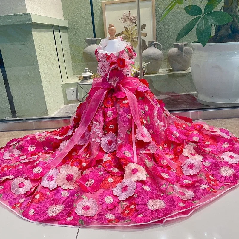 Handmade Rose Pink Embroidered 3D Sunflower Garden Dress for Dogs Pet Supplies Luxurious Trailing Queen Party Costume