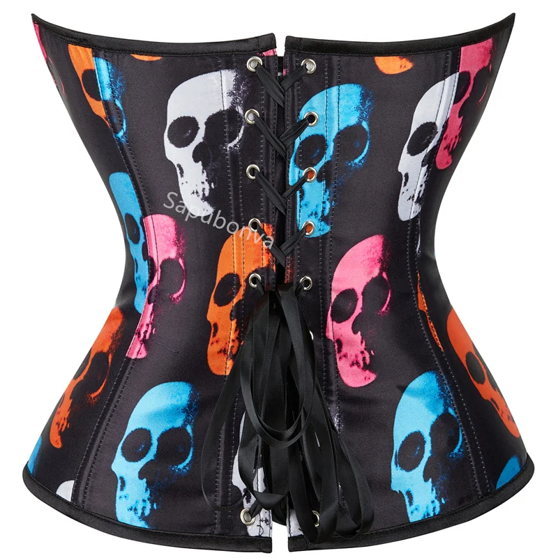 Corset Underbust Top Plus Size Bustier Skull Printing Burlesque Costume Halloween Pattern Lingerie Vintage Clothing Black