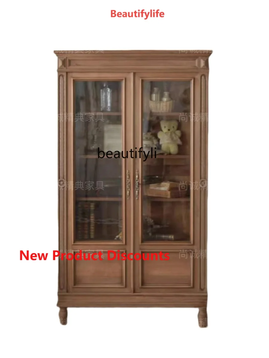 

X188 American Solid Wood Bookcase French Retro Distressed Glass Dining Side Wine Cabinet Oak Storage Display Cabinet