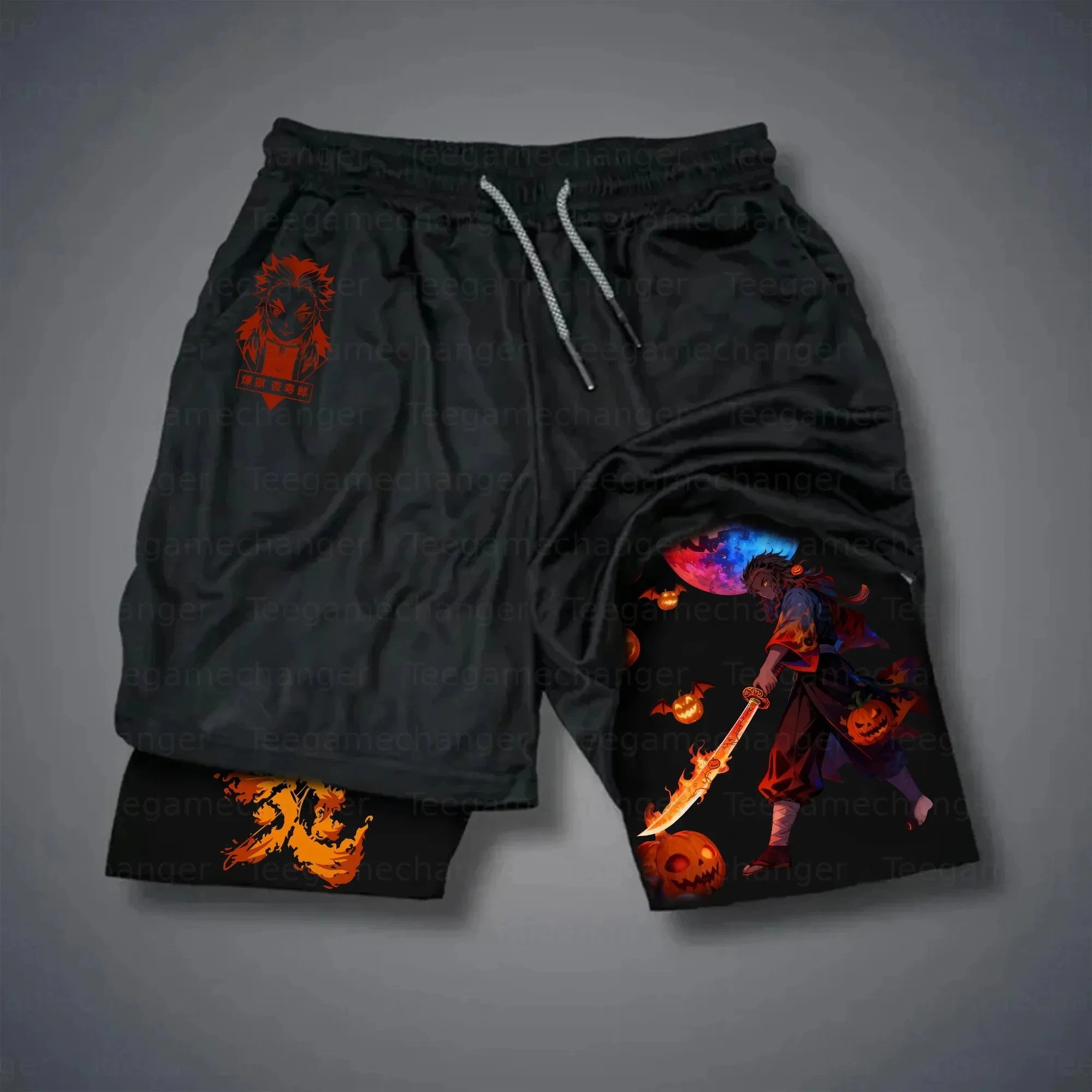 Teegamechanger Demon Slayer Inosuke Hashibira Boar Mask กางเกงขาสั้นสีดำผู้ชายผ้าฝ้ายลำลองฤดูร้อนสตรีทแวร์แฟชั่นอะนิเมะกราฟิก