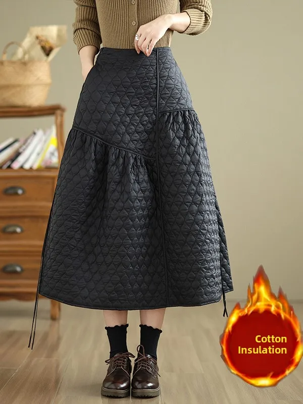 

Художественная юбка средней длины с декоративной веревкой и цветочным узором, контрастных цветов, простая, универсальная, на все сезоны, осень-зима, женская.