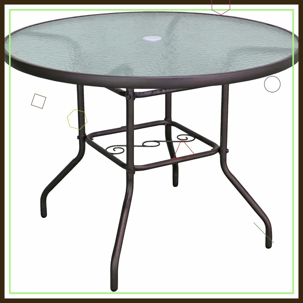 40 Zoll großer brauner runder Esstisch für den Außenbereich mit gewellter Glasplatte und Stahlgestell – Terrassenmöbel