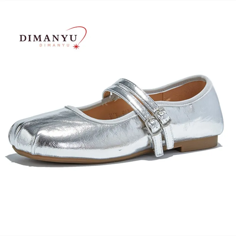 

DIMANYU Genuine Leather Mary Jane Shoes Women's Square Toe 2025 New Autumn Women's Flats Silver Princess Ballet Shoes Women