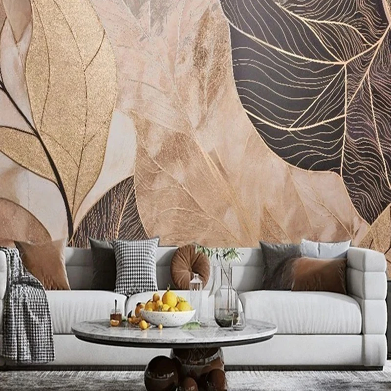Creative Fresco Feather Wallpaper Mural Golden Leaf Art Wall Painting Living Room Bedroom TV Backdrop Home Decor Poster