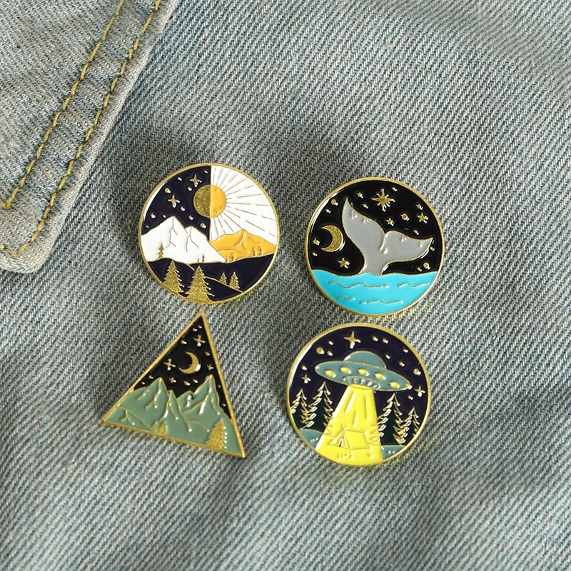 Sun and Moon Alternation Enamel Pins Natural Landscape Star River Whale Tale Brooch Lapel Badge Bag Jewelry Gift for Friends