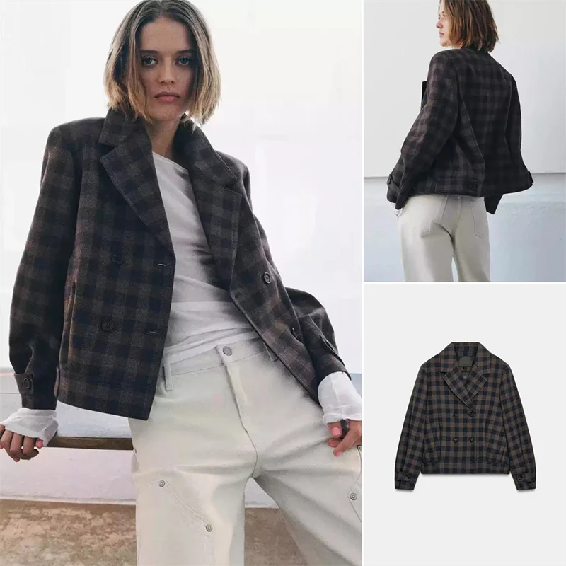 Spring Autumn New Women's Casual Style Fashion Pleated Decoration Shawl Collar Long Sleeve Plaid Double Button Coat