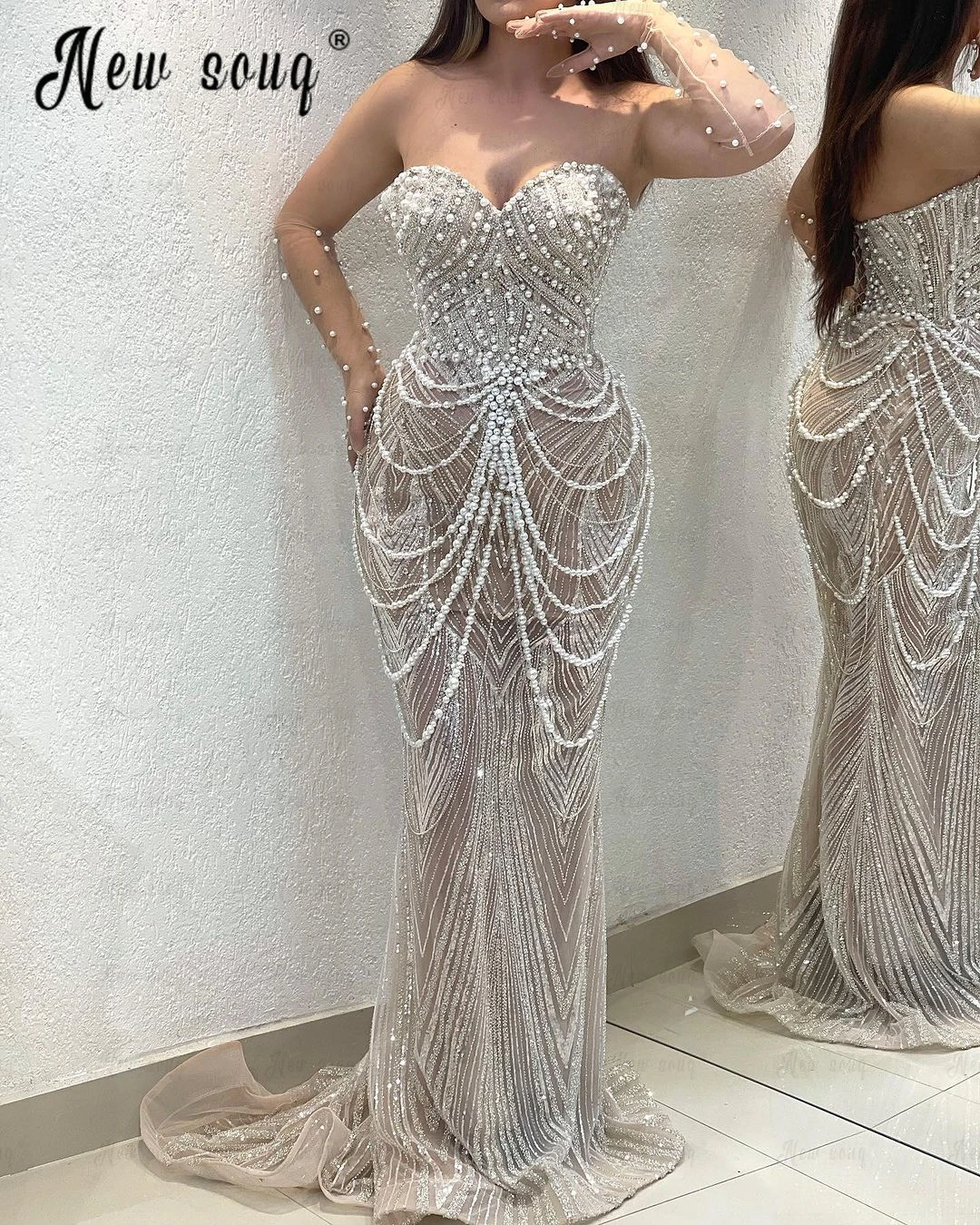 Vestido de festa pérola com borla, Vestido Midi, Noite de Dubai, Vestido Sereia Querida, Elegante, Chique, 2024