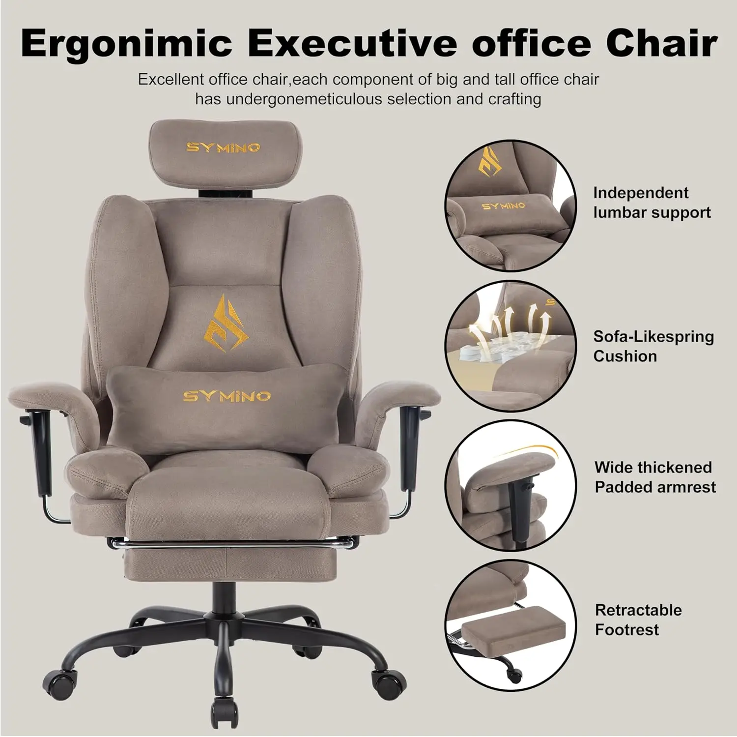 Gaming Chair with Foot Rest, Unique Up/Down Armrests, Twill Fabric Ergonomic High Back Chair, 150° Recline Solid Color Computer view 4