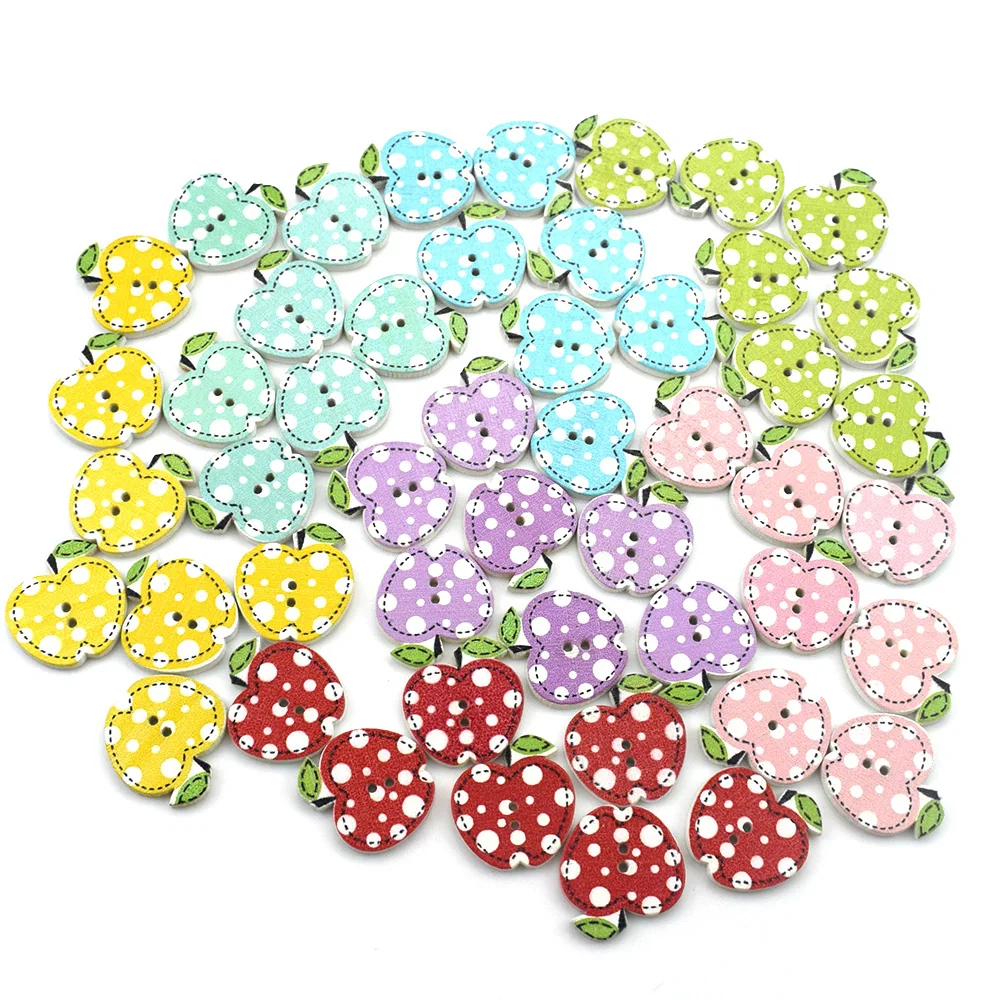 50PC 20MM Mixed Apples Pattern Wooden Buttons for Clothes Crafts Sewing Decorative Needlework Scrapbooking DIY Accessories