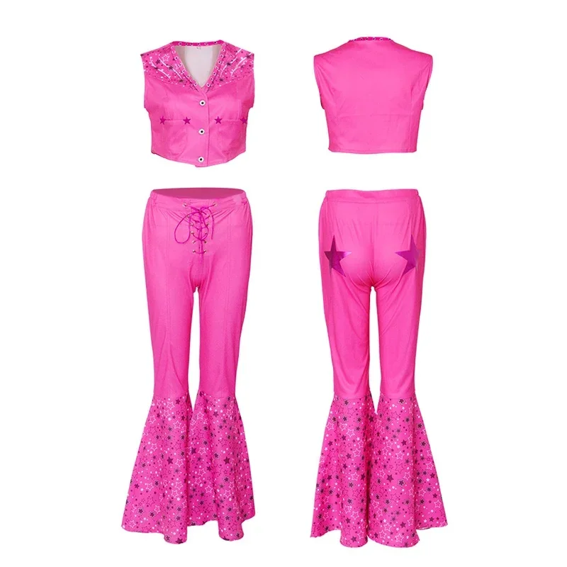 2024ภาพยนตร์ตุ๊กตาบาร์บี้เครื่องแต่งกายCowgirlชุด70S 80S Hippie Disco KenสีชมพูFlareกางเกงฮาโลวีนคอสเพลย์สําหรับผู้หญิงชายหญิงm13