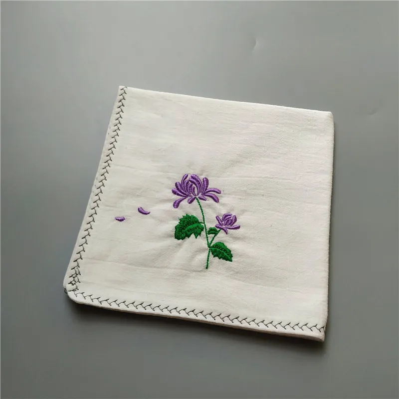 Chinese Style Chrysanthemum Embroidered Cotton Linen Handkerchief Unisex Sweat Absorbent Vintage Lucky Auspicious Custom Gift