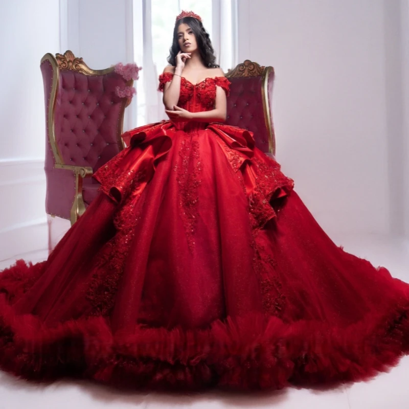 

Red Shiny Quinceanera Dresses Off The Shoulder Sequin Applique Lace Beads Bow Tiered Tull Corset Party Birthday Sweet 16 Dress