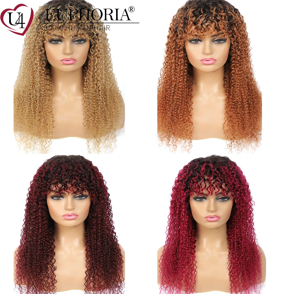 

Brazilian Remy Human Hair Full Machine Wigs Ombre Blonde Kinky Curly Wigs With Hair Bangs Brown Burg 6-24Inches Euphoria