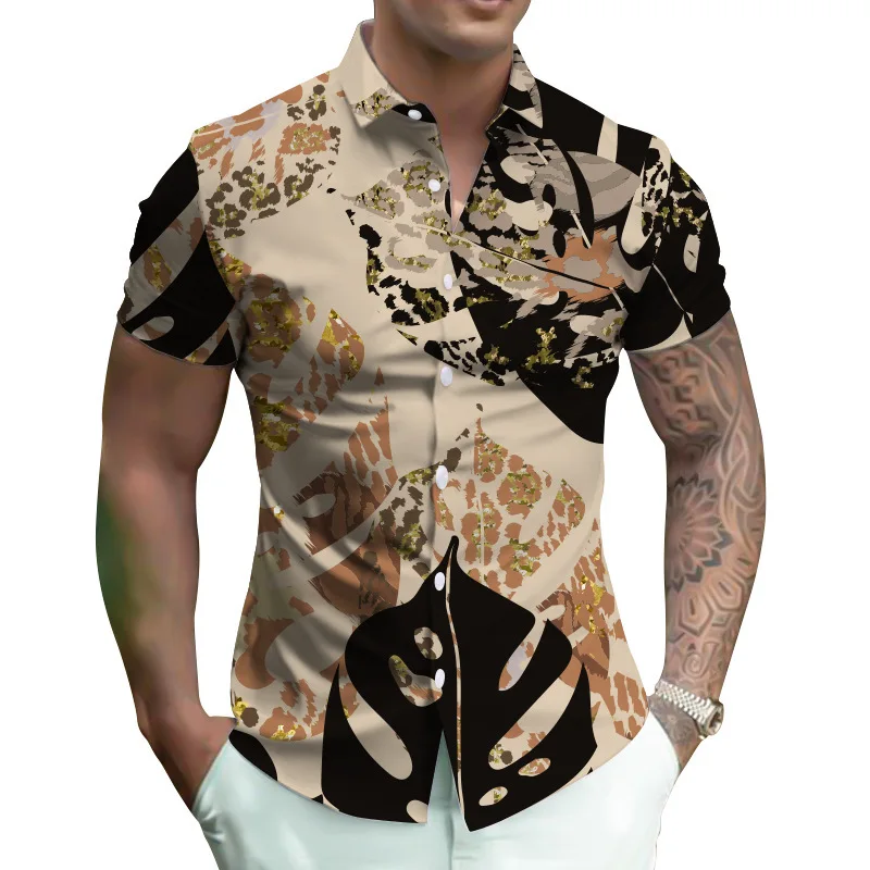 New Men's 3D Printed European and American Retro Short Sleeved Cardigan Collar Shirt