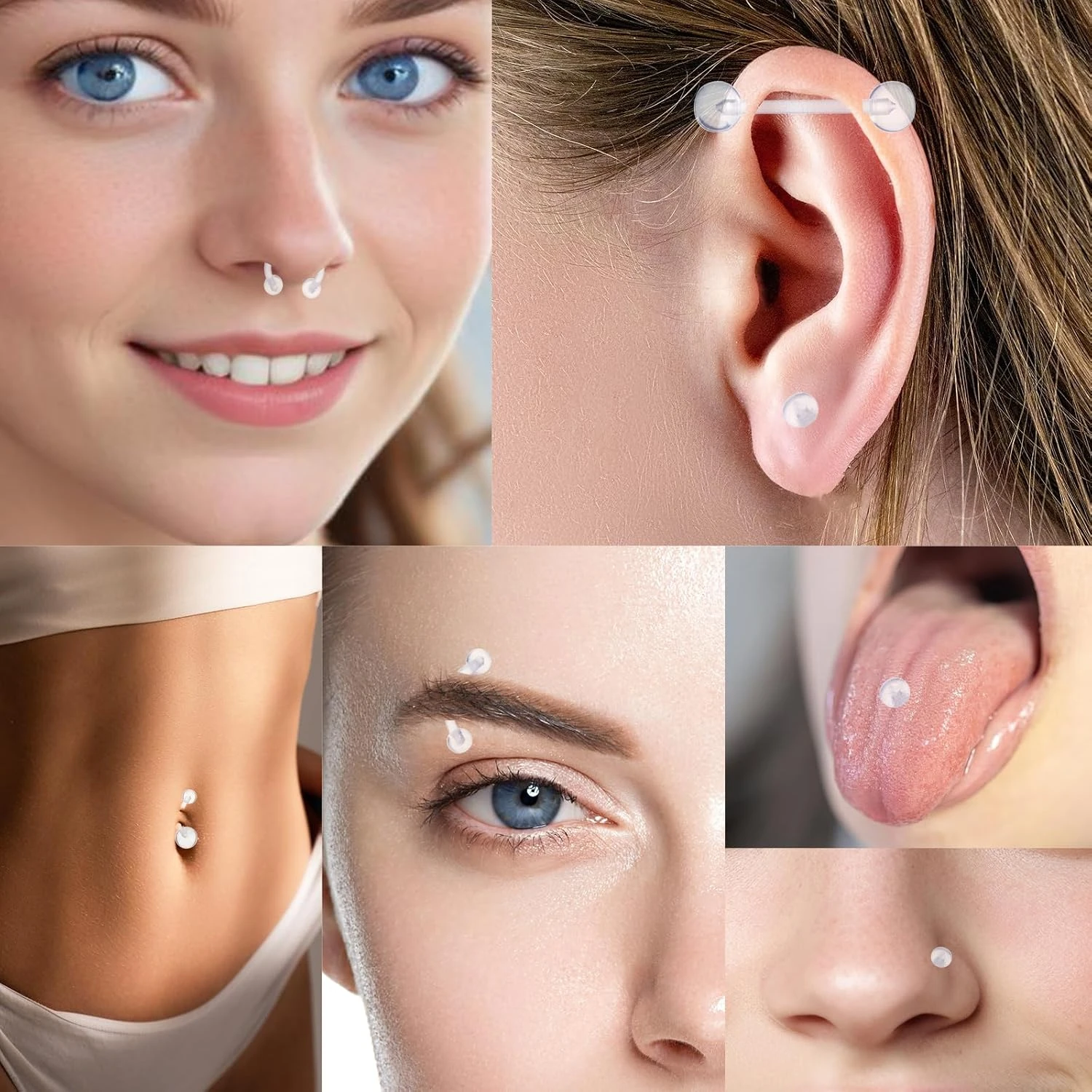 55PCS Clear Acrylic Piercing Jewelry Set Nose Studs Hoops Eyebrow Belly Rings Septum Retainers Lip Ring Tongue Rings Mixed Sizes