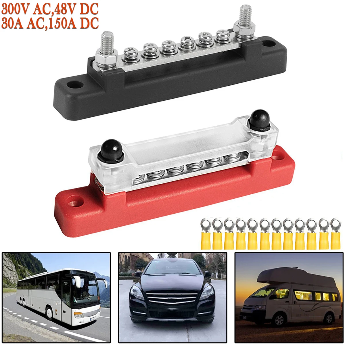 Power Distribution Block 6 Way Bus Bar Terminal Block 300V AC 48V DC 130A AC 150A DC Car Terminal Studs for Car RV Truck Boat