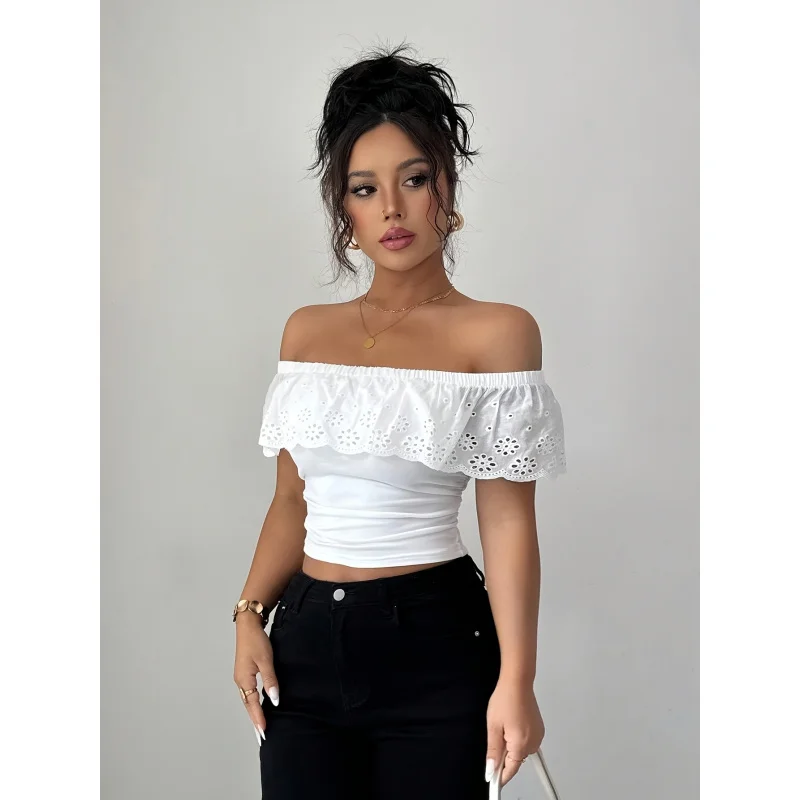

[New Crew Neck Tee] Golden Label Hollow Jacquard Off-Shoulder-Shirt | Spring/Summer Fashion, Simple Elegant Solid Color
