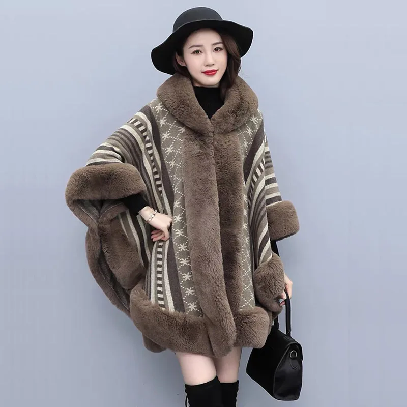 

Luxury Vintage Faux Rex Rabbit Fur Coat Cape Hooded Jacquard Wool Blend Overcoat Women Winter Loose Cloak Mother Gift
