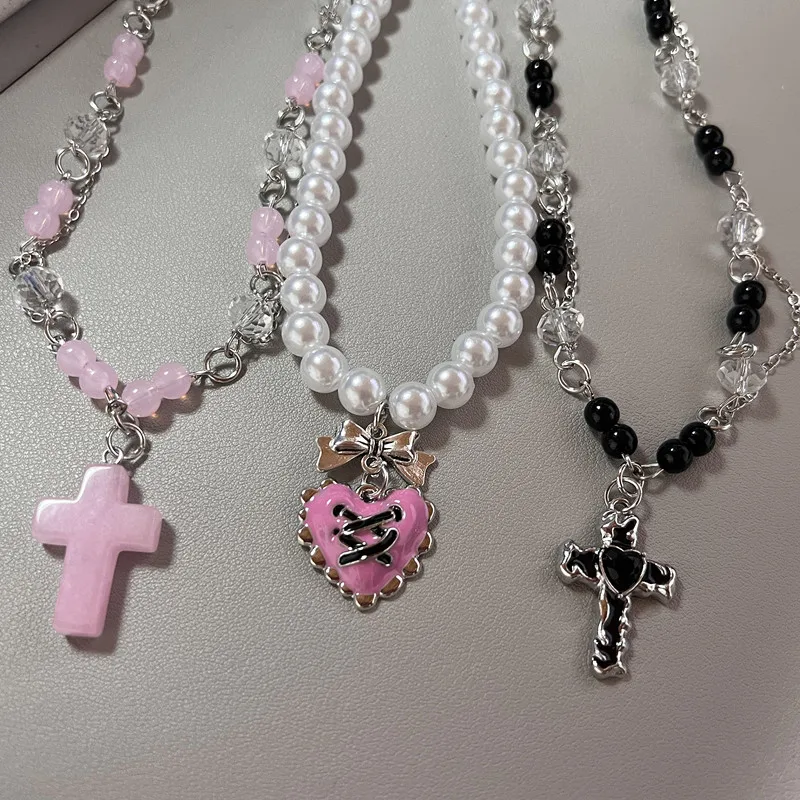 Kpop Kreuz Stern Perlen Halskette für Männer Unisex Hiphop Imitation Perle Stern Anhänger Halsketten Frauen Y2K Punk Quaste Halskette