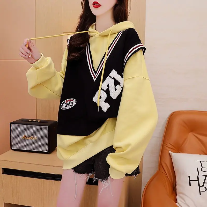 Fashion Preppy Style Spliced Hooded Tops for Female Autumn Winter Loose All-match Fake Two Pieces Sweatshirts Women\'s Clothing