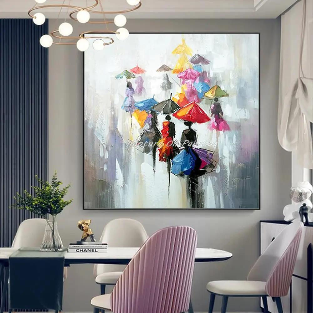 Mintura Handpainted Modern Oil Painting on Canva Wall Art Picture for Living Room Pedestrians With Umbrellas Hotel Decor Artwork