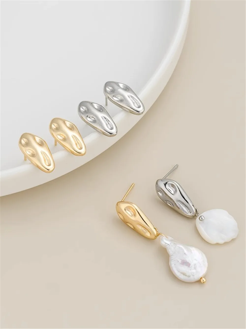 

14K Bag Gold Color Meteorite Water Drop with Ring Abnormity 925 Silver Needle Pearl Earrings Diy Material Jewelry Accessories