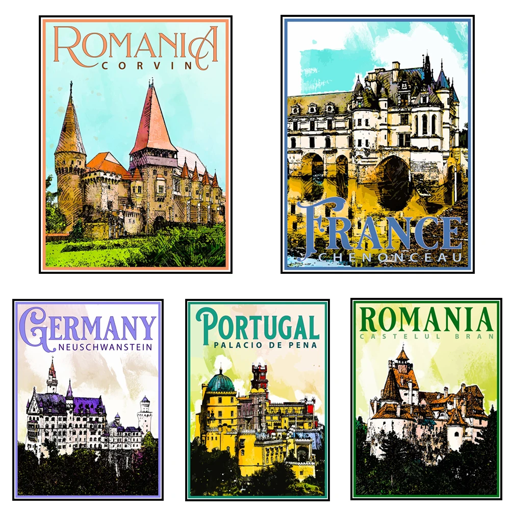 Romania, Portugal, Sweden, Austria, Denmark, England, France, Germany, Ireland, Italy, Switzerland castle travel vacation poster