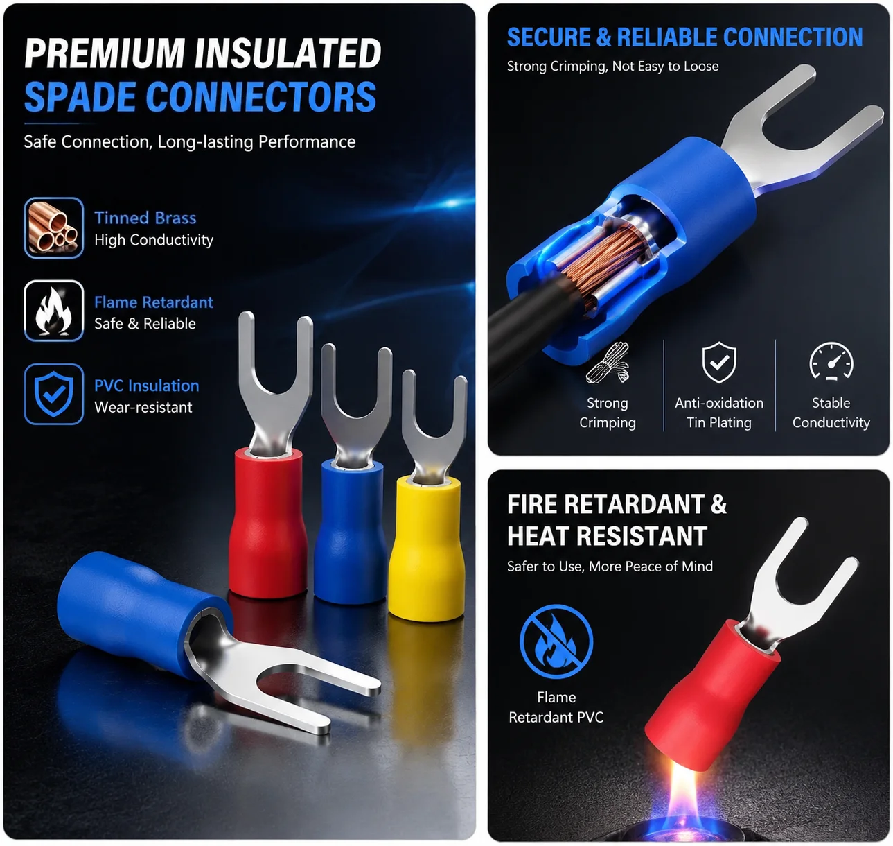 U-Type Fork Spade Wire Connectors Kit Insulated Crimp Terminals 22-10AWG M3 M4 M5 for Automotive Marine Industrial Wiring Repair