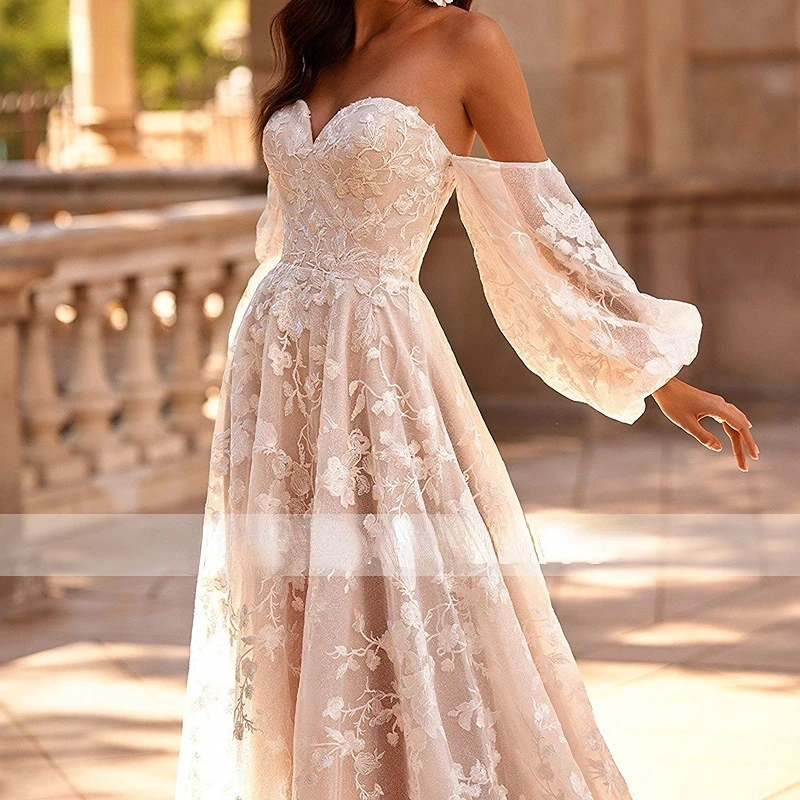 Princess A-Line Champagne Wedding Dress Sweetheart Off Shoulder Detachable Sleeves Appliqued Bridal Gown Boho Vestido De Novia