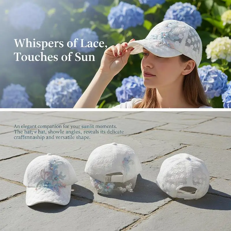 Weiß-Rosa Spitzen-Baseballkappe mit gestickten Blumen, atmungsaktive Baseballkappe, elegante Entenschnabel-Mesh-Sonnenschutzkappe – Detail 12