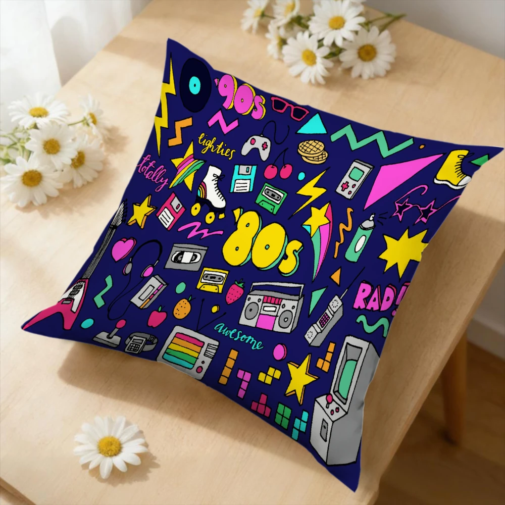 1Pc Retro 80s 90s Blue Cassette Tape Game Console Print Cushion Cover for Sofa Bedroom Home Decor
