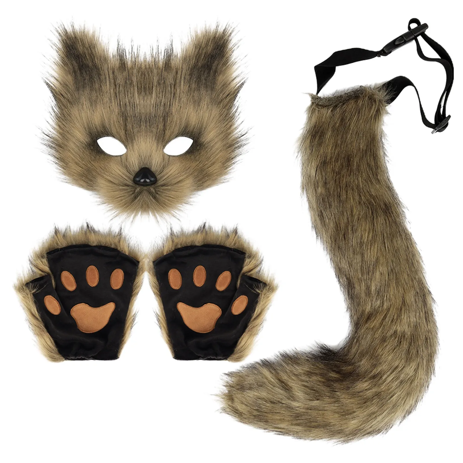 Fluffy Fur Fox Tail Keychain Cat Paws Gloves and Wolf Therian Mask Set for Halloween Cosplay Costume Accessories