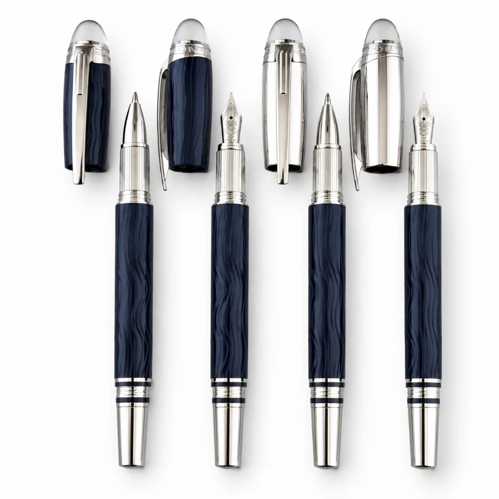 Classic Fountain Pens Navy Blue Wave Pattern Silver Trim Luxury Writing Instrument for Office Business Signature and Gift Box