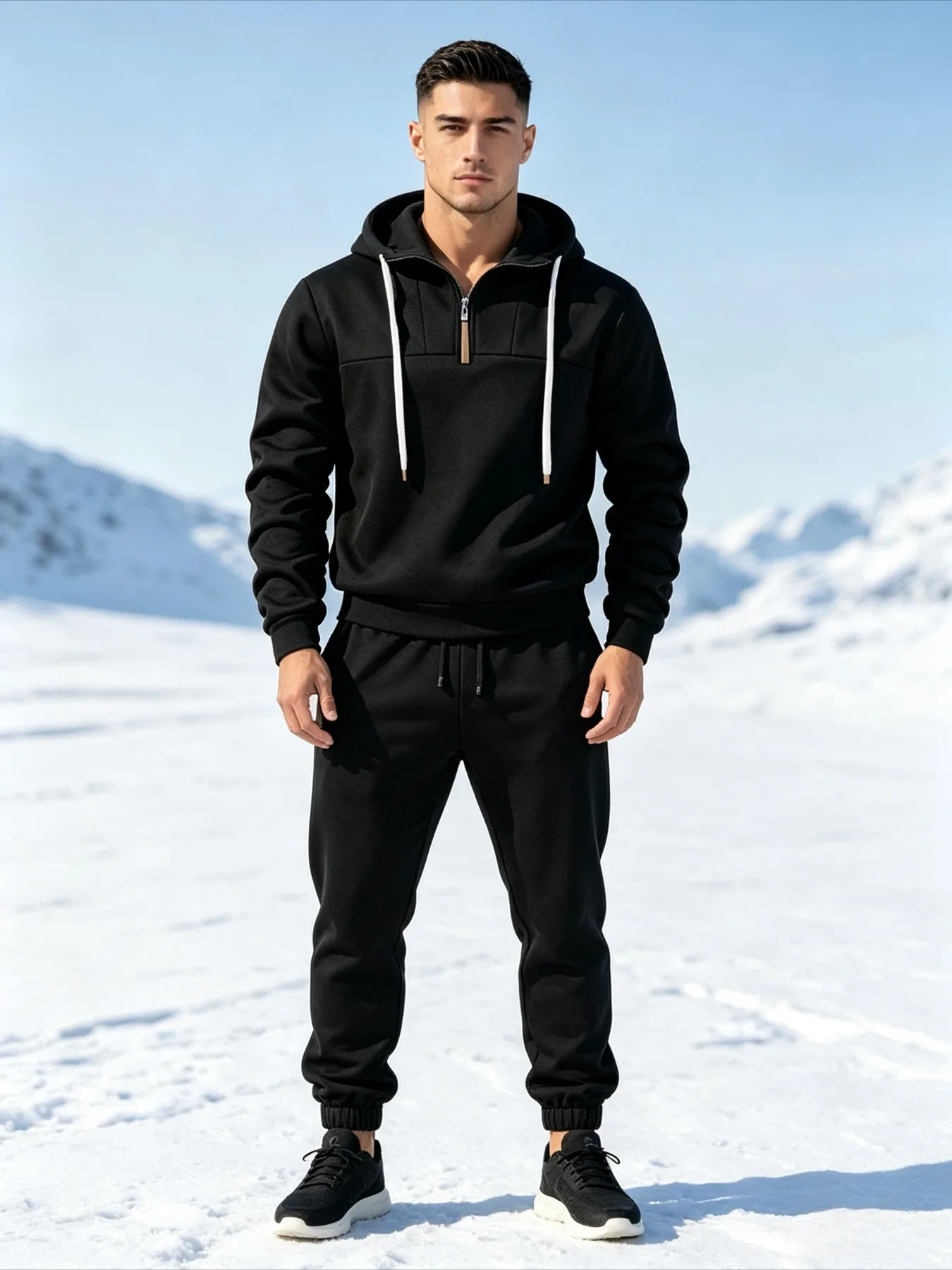 Men Autumn Winter Black Co Ord Set Half Zip Hoodie With Leather-Tipped Hood Strings Elastic Drawstring Jogger Pants  Breathable