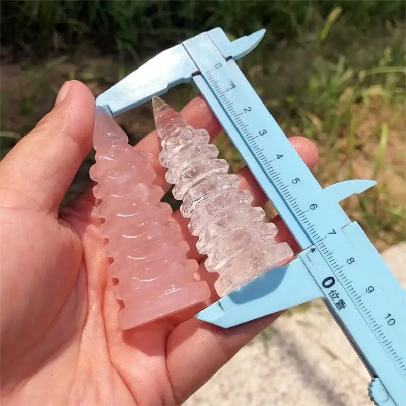 7CM Natural Rose Quartz And Clear Quartz Wenchang Tower Carving Crystals Beautiful Gemstone for HomeDecoration Collection 1PCS