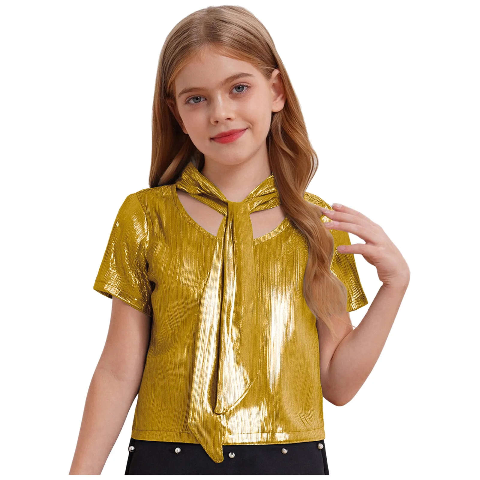 Lace Up Children's T-shirts Fashion Girls Clothes Summer Metallic Hip-Hop Tops Short Sleeve T-shirt Disco Dance Party Clothes