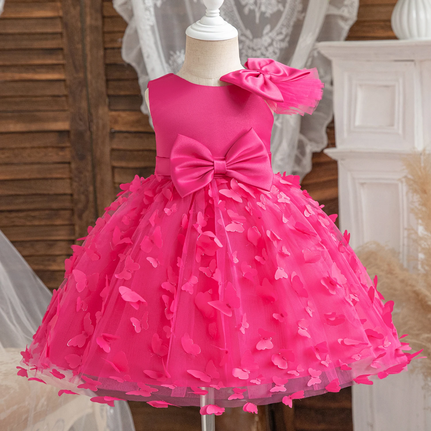 Toddler Girls Party Dress 3D Butterfly Mesh Princess Evening Gown Summer Girls Fly Sleeves Bow Birthday Weddings Gown 1-5 Years