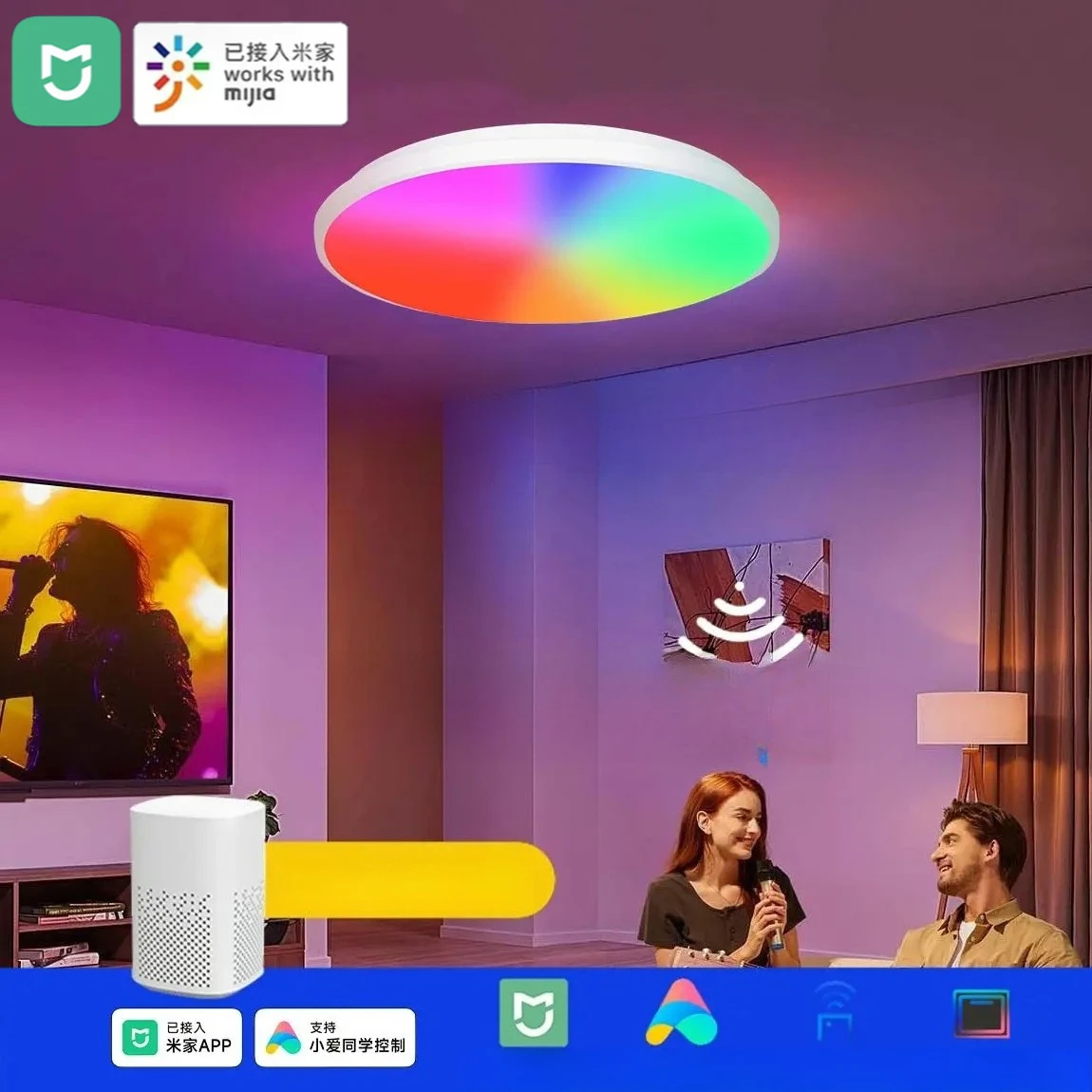 Xiaomi mijia สมาร์ทโคมไฟเพดาน RGBCW สี Dimming และปรับสีสมาร์ท RF รีโมทคอนโทรลห้องนอน LED วงกลม