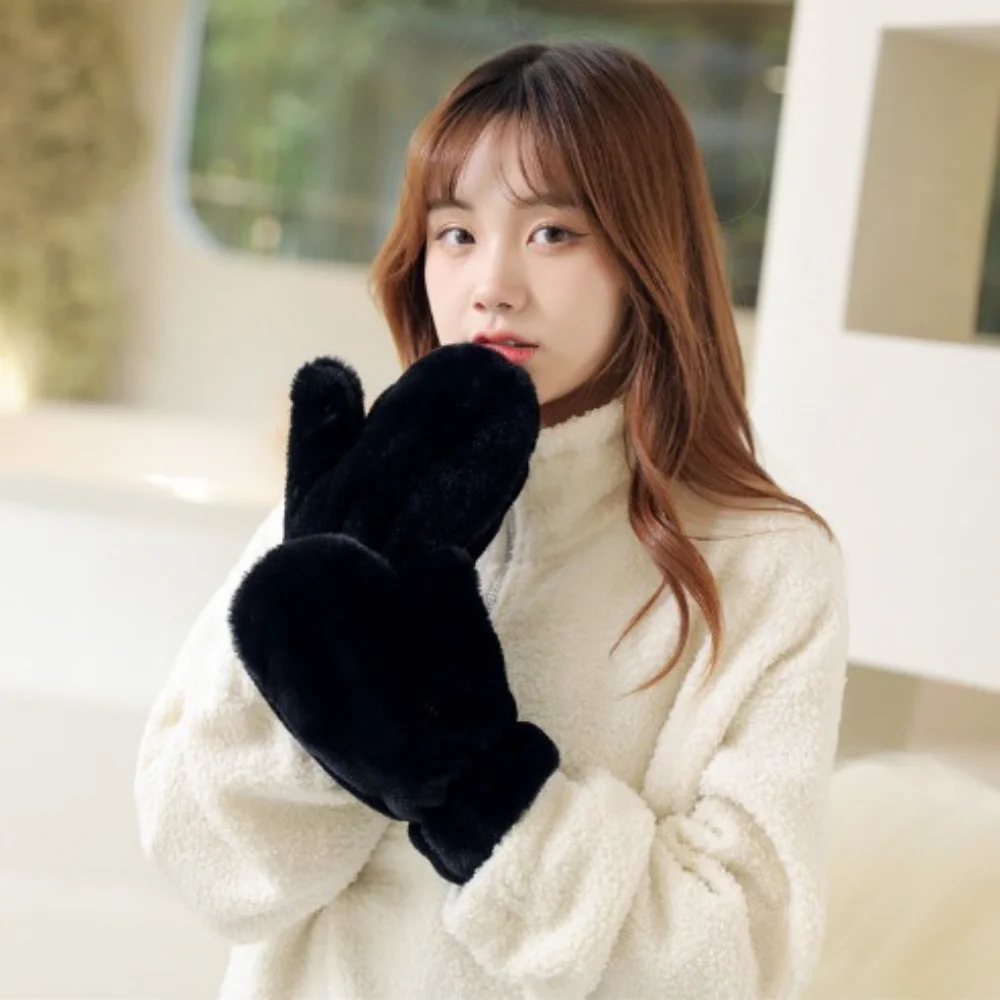 Thicken Plush Soft Winter Fingerless Gloves Women WarmFur Fuzzy Mittens Cold Protection Velvet Lining Outdoor Fluffy Gloves